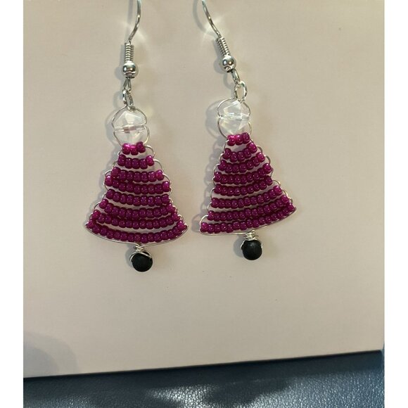 Beaded Fuscia Tree Earrings Holiday Christmas Winter Earrings - Picture 2 of 5